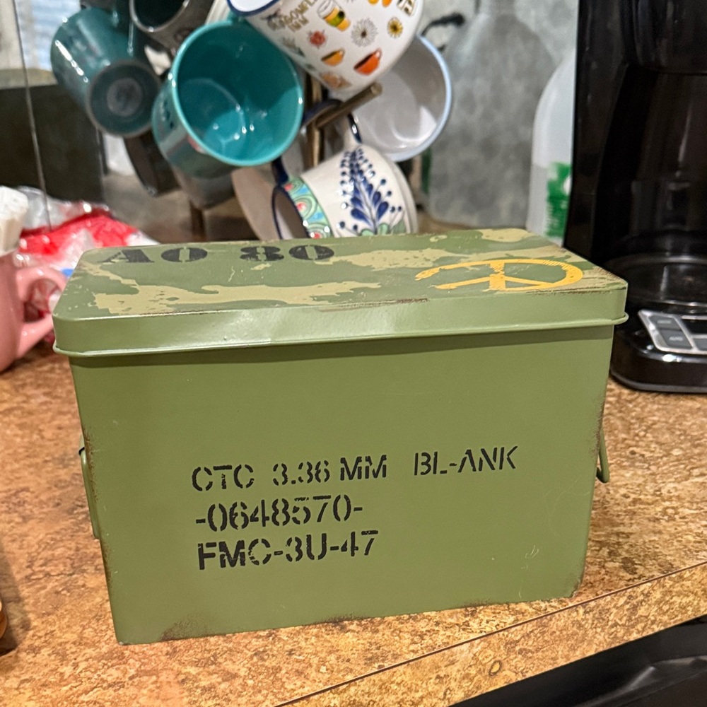 Hobby Lobby Camouflage Green Metal Box with Yellow Peace Symbol